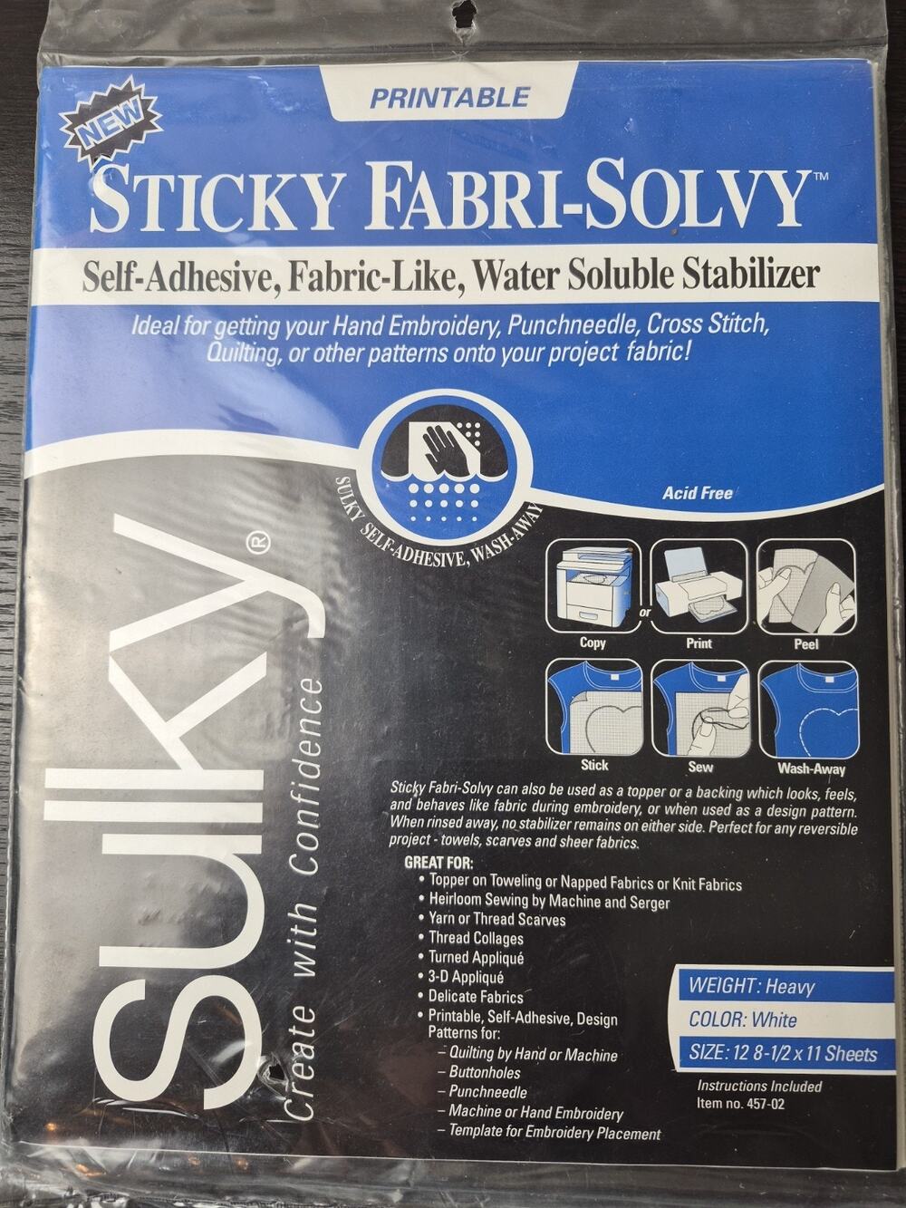 Sulky 457-02 Sticky Fabri-Solvy Stabilizer 12 Sheets 8 1/2" x 11" Sewing Crafts
